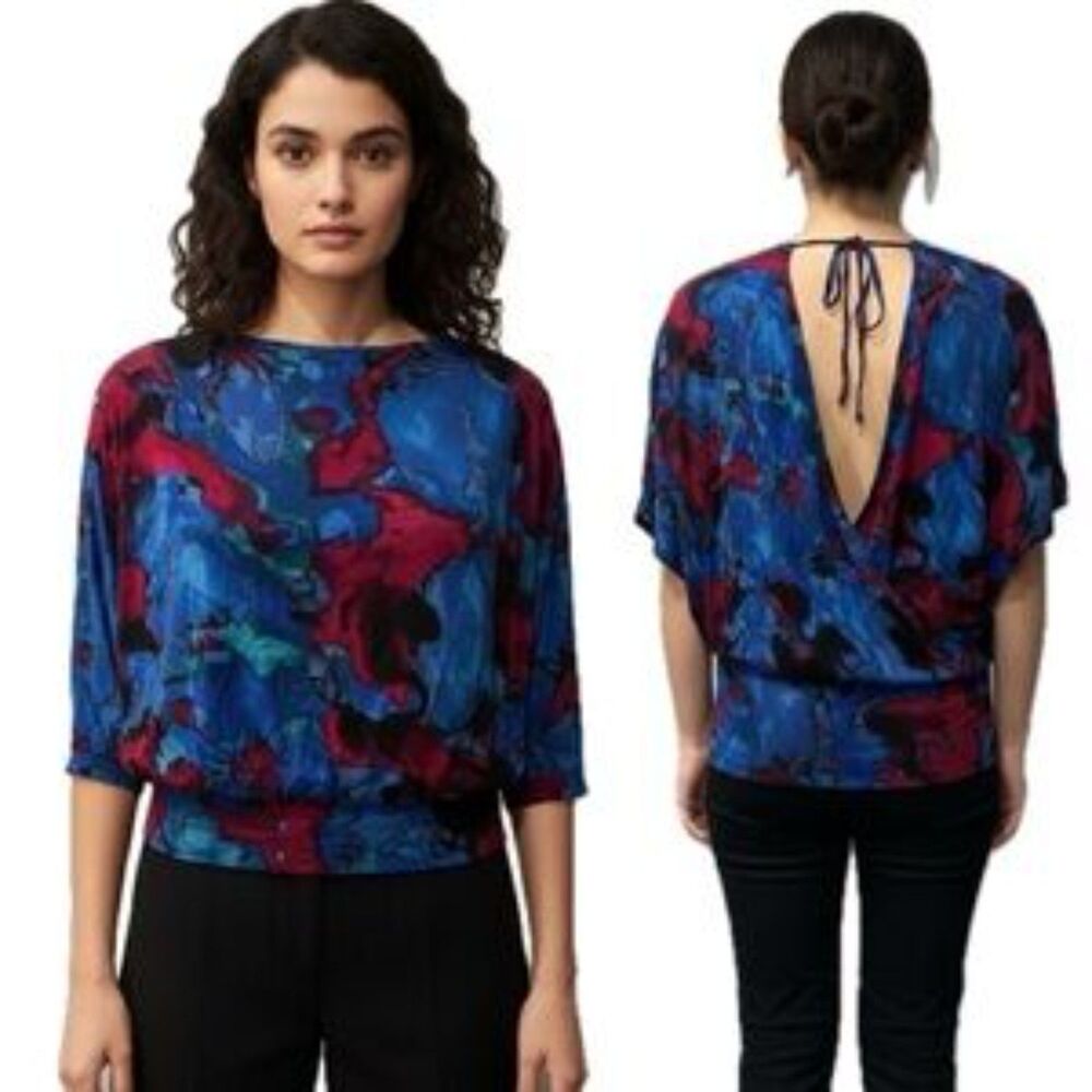 Express Blue & Red Marble Dyed Print Draped Back 3/4 Sleeve Tunic Blouse Size XS